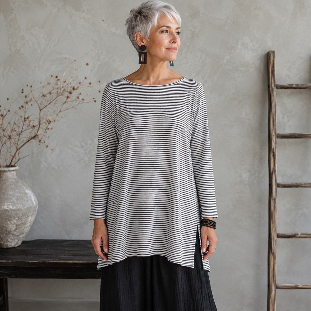 J Jill Wearever Collection Black & White Stripe Kint Tunic Medium